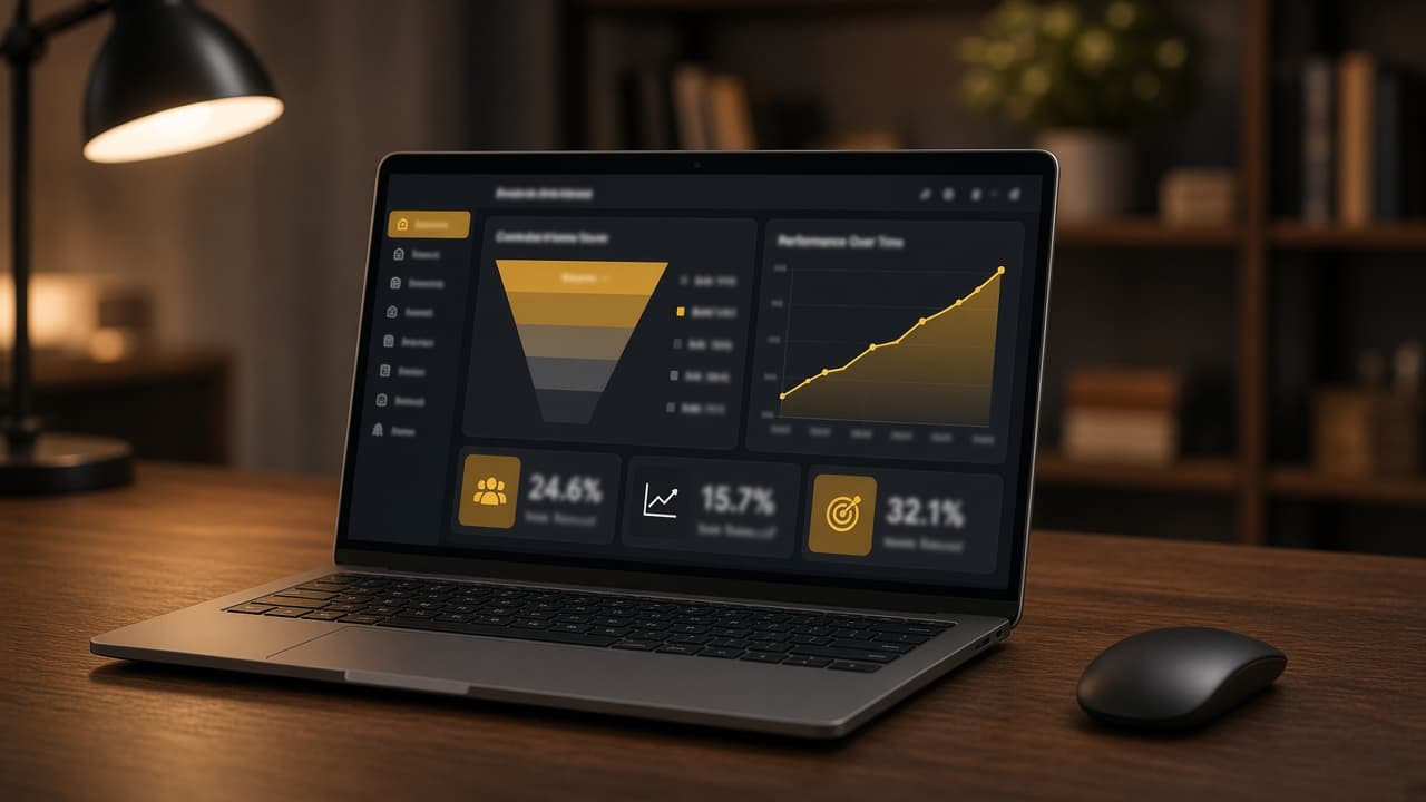 Dashboard analytics conversioni su laptop