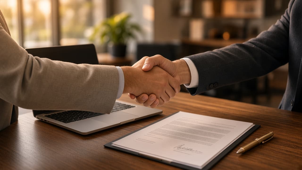 Stretta di mano su contratto alla scrivania